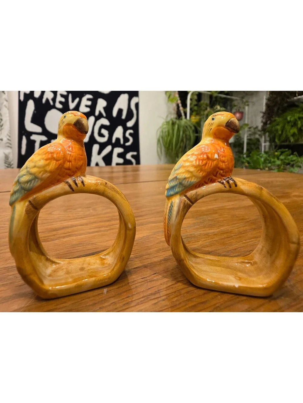 Ceramic Parrot Napkin Rings Pair  Yellow & Orange Tropical Tiki Bird